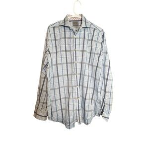 Thomas Dean Men's L Plaid Dress Shirt Long Sleeve Butto-Up Classic Fit